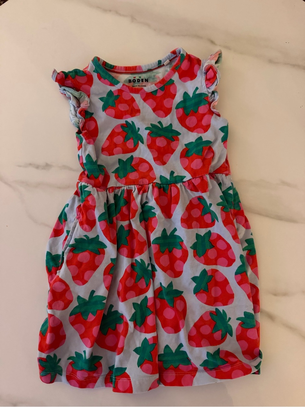 Mini Boden Red Strawberry Print Dress with Green Leaves